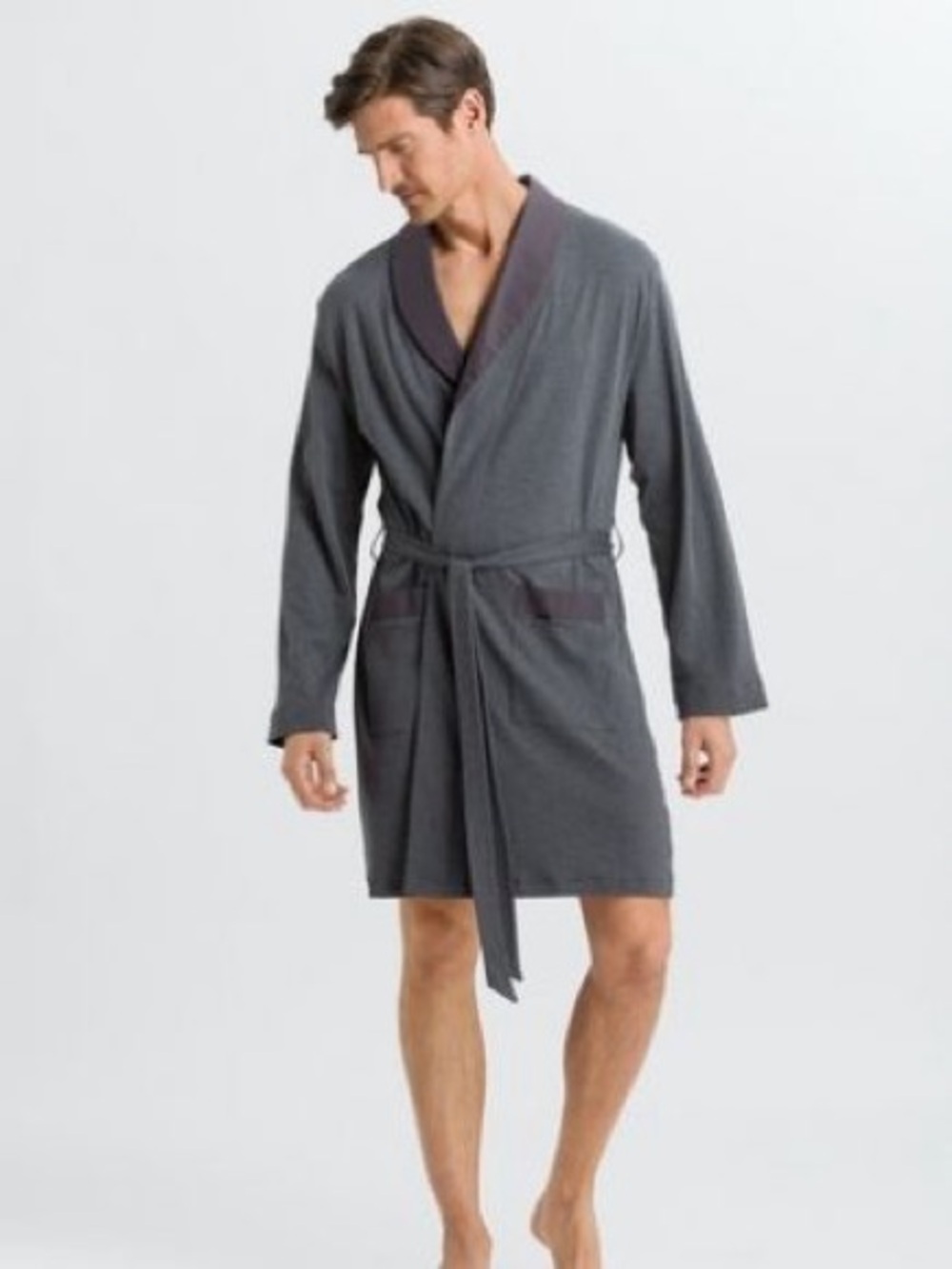 HANRO Night And Day Mens Robe Cotton Gray Grey Gown Belted Collared XXL